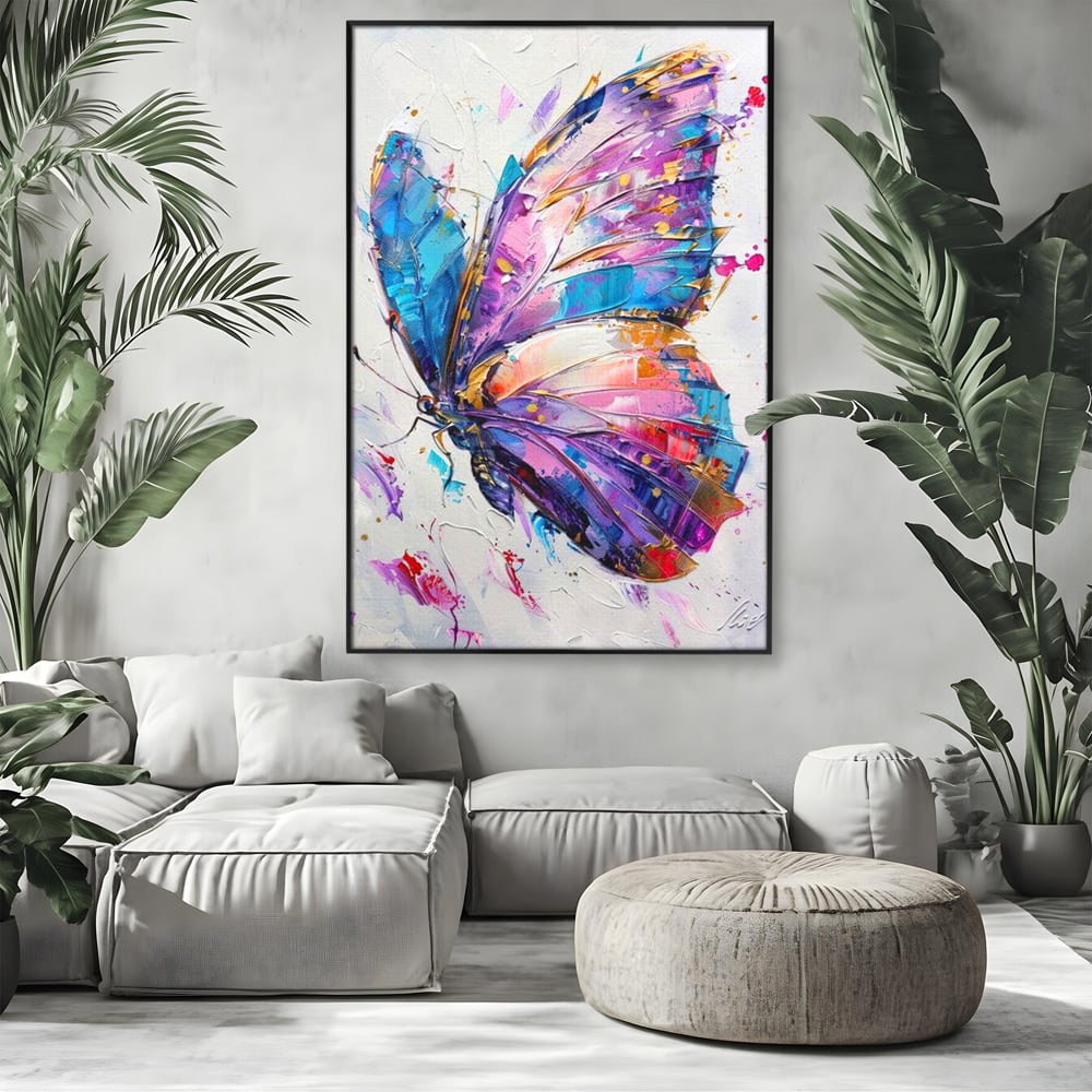 Tablou canvas cu tablou canvas cu fluture pictat in nuante de violet, in rama de aluminiu negru, pe perete intr-un living
